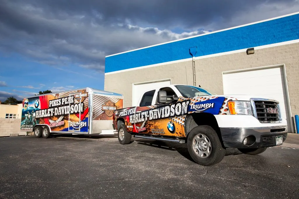 Completed coordinated pickup and trailer fleet graphics